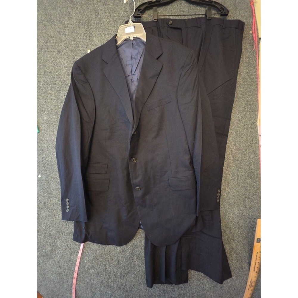 Lands' End Suit Mens 48L 44x33 Blue Wool Herringbone 2 Piece Jacket Pants